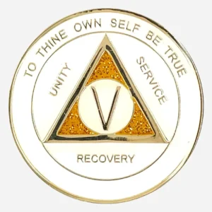 The front of AA triplate token in white and gold with gold glitter accents, having the words "To Thine Own Self Be True" and "Unity Service and Recovery" written on it.